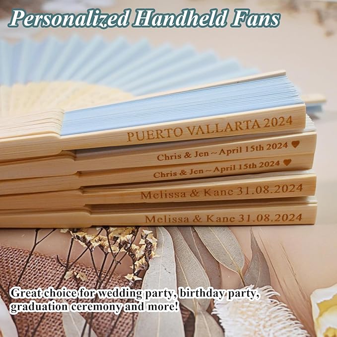 20 Pcs Personalized Light Blue Folding Hand Fans, Summer Wedding Fans, Personal - Image 2