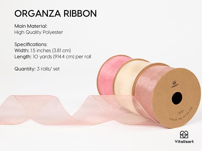 Vitalizart Organza Ribbon 1.5" x 30 Yd Pink Rose Gold & Cream White Sheer - Image 2