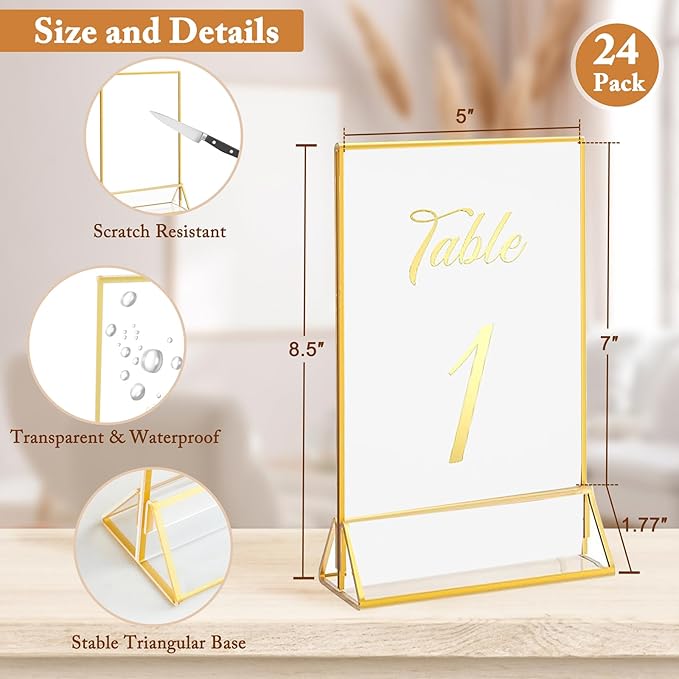 Floroom 24 Pack 5x7 Inch Clear Acrylic Sign Holders, Double-Sided Gold Display - Image 2