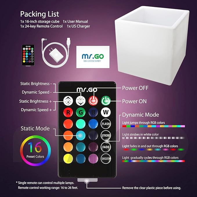 Mr.Go 16-inch SEMI-Storage LED Light Cube, Rechargeable RGB Color Changing - Image 3