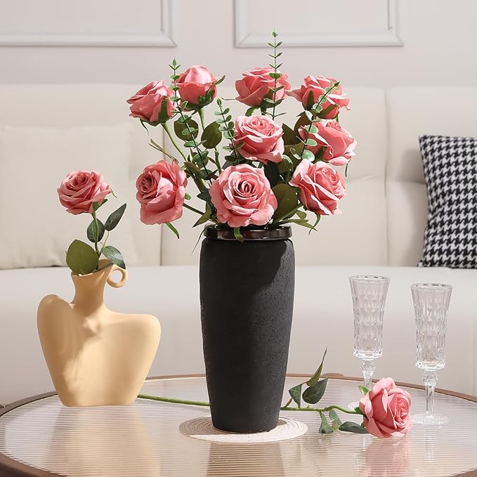 Tifuly Dusty Pink Roses Artificial Flowers -12 Pcs Long Stem Silk Roses - Image 6