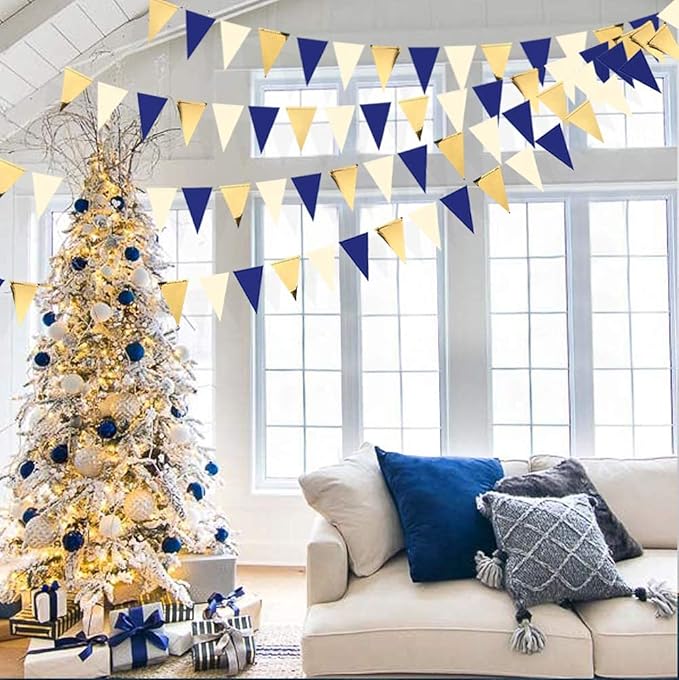 30Ft Navy Blue Gold and Beige Party Decorations Royal Blue Gold Triangle Flag - Image 8