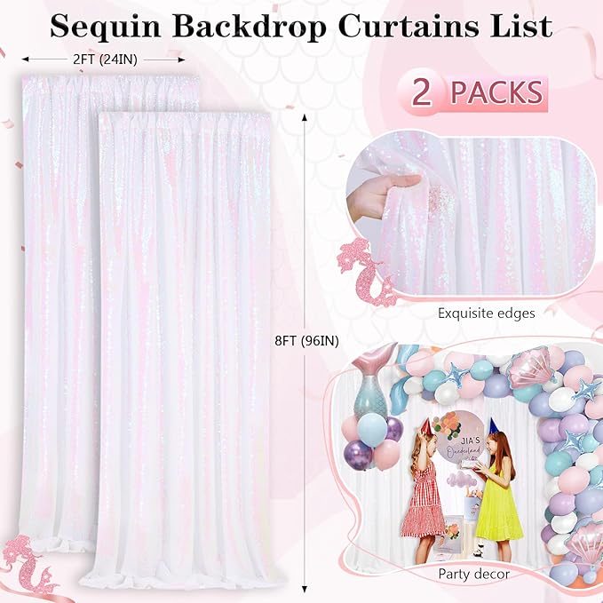 White Iridescent Sequin Backdrop 2 Panels 2FTx8FT Unicorn Backdrop Curtains - Image 5