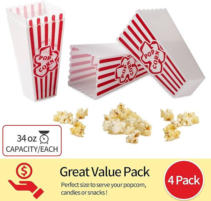 Plastic Popcorn Containers Red & White Striped Retro Style Reusable Popcorn - Image 6