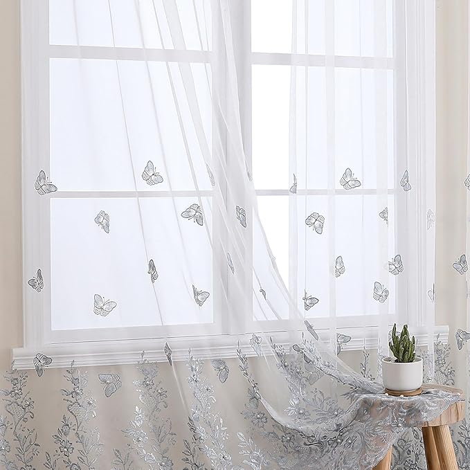 VISIONTEX White Sheer Voile Curtains, Decorative Blue Embossed Butterflies Rod - Image 6