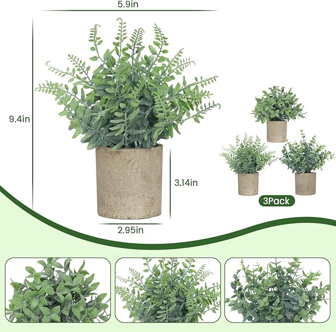 3 Pack Small Fake Plants, Artificial Eucalyptus, Boston Fern & Boxwood Leaves - Image 2