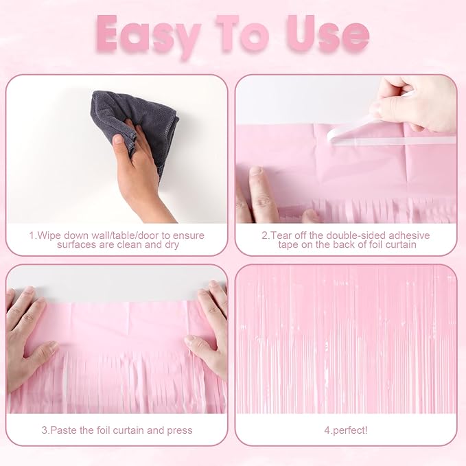 2 Pack Pastel Pink Tinsel Foil Fringe Curtains, Metallic Tinsel Party Streamers - Image 4