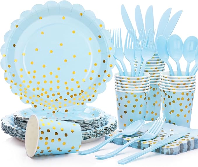 Blue and Gold Party Decorations 175PCS Light Blue Paper Plates and Napkins and by LOOWVY