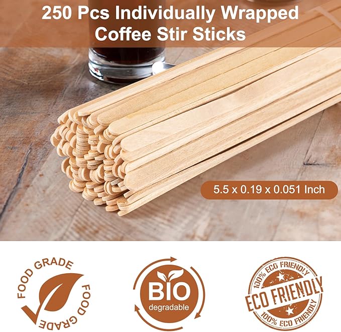 250 Pcs Coffee Stirrers 5.5 Inch Wood Coffee Stir Sticks Individually Wrapped - Image 5