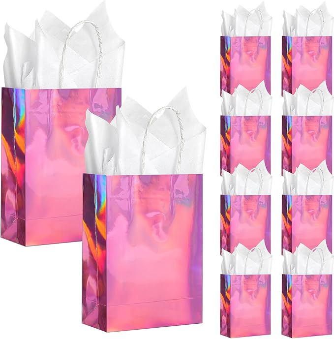 24 Pcs Iridescent Pink Gift Bags Decorations, Holographic Foil Party Favor Bags by Unknown