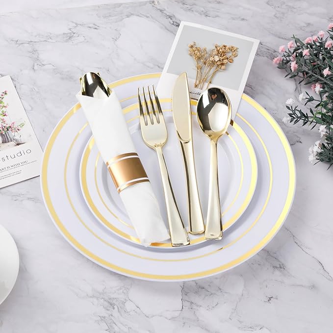 BESTVIP 175PCS Gold Plastic Dinnerware Set, Disposable Party Plates - Image 2
