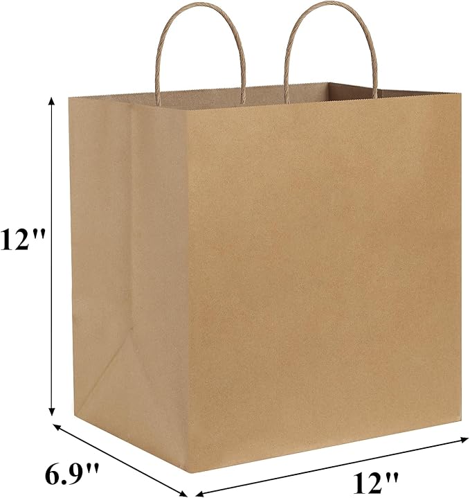 BagDream Brown Paper Bags With Handles 12x7x12 100Pcs - Image 2