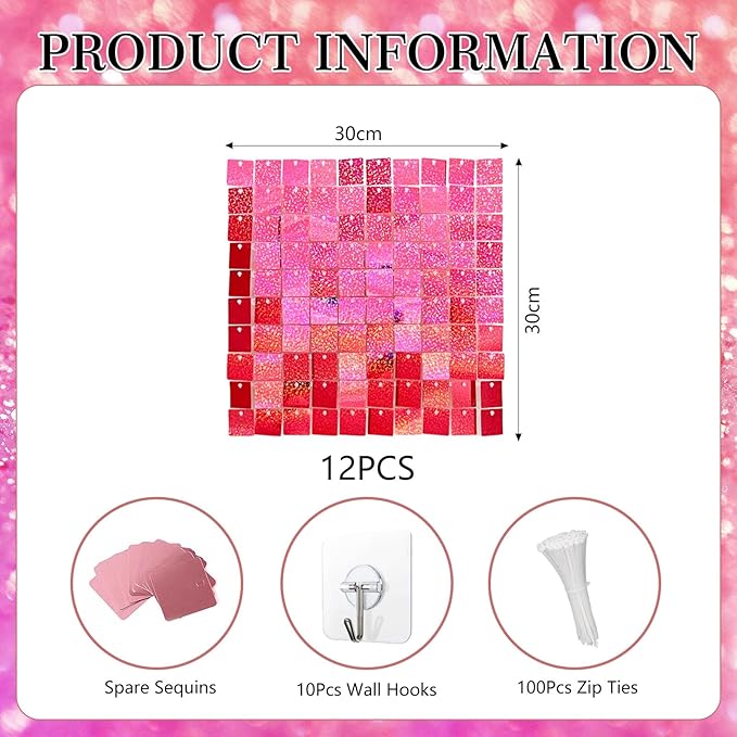 12PCS Deep Pink Shimmer Wall Backdrop, Laser Square Sequin Photo Backdrops Panel - Image 2