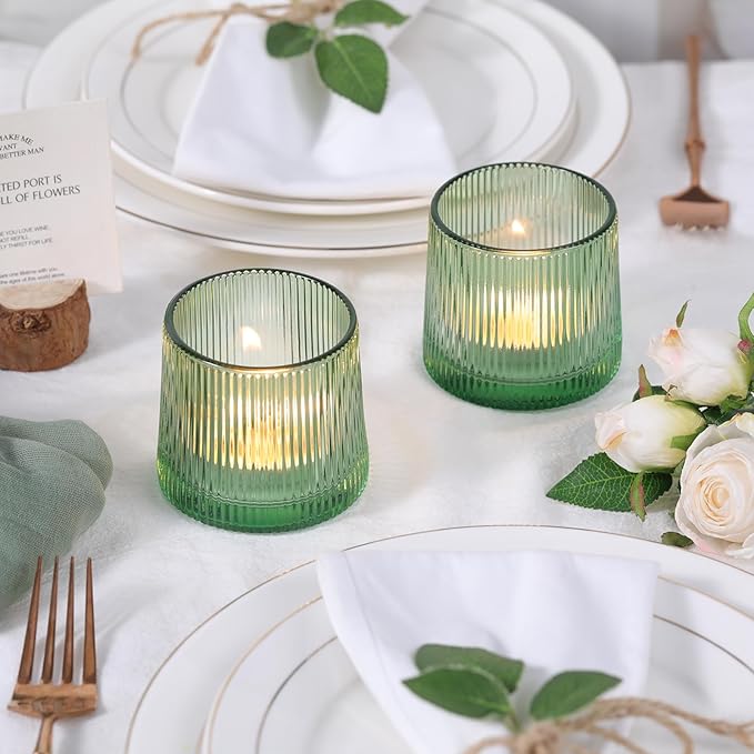 DARJEN Green Ribbed Tealight Votive Candle Holders- 6Pack Glass Candle Holders - Image 3
