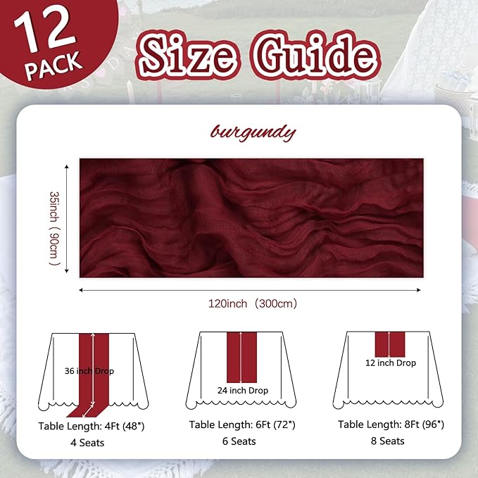 12 Pack Burgundy Cheesecloth Fall Table Runner 10ft Boho Gauze Fabric Cheese - Image 2