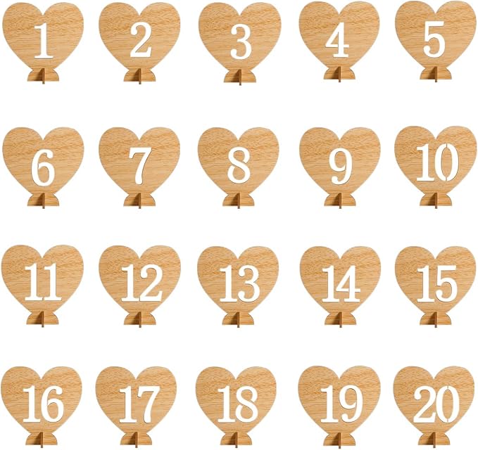 Heart Shape Wooden Table Numbers 1-20 by BravOne
