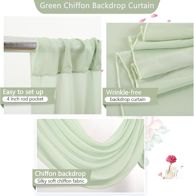 PARTISKY 10x7ft Sage Green Chiffon Backdrop Curtains, Wrinkle-Free Sheer Fabric - Image 4