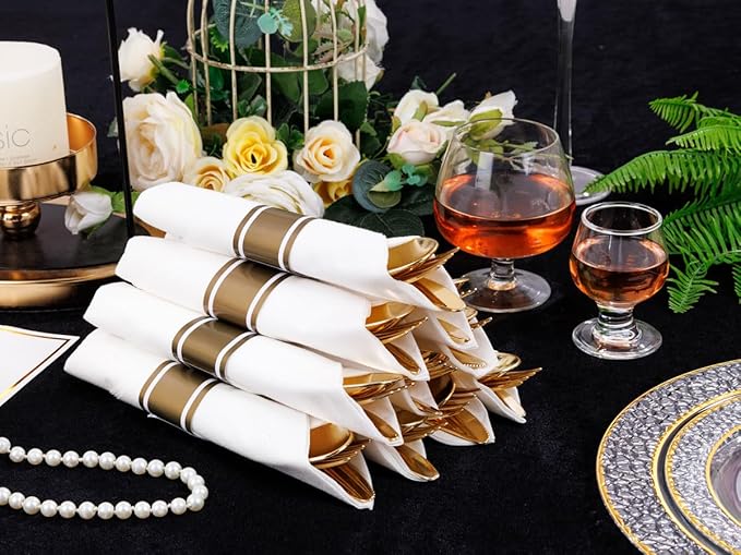 50Guests Pre Rolled Gold Plastic Silverware Sets - Image 8