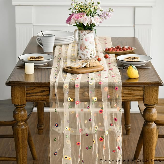 Artoid Mode 6PCS Champagne Embroidery Daisy Gauze Table Runner 120 Inch 10FT - Image 3