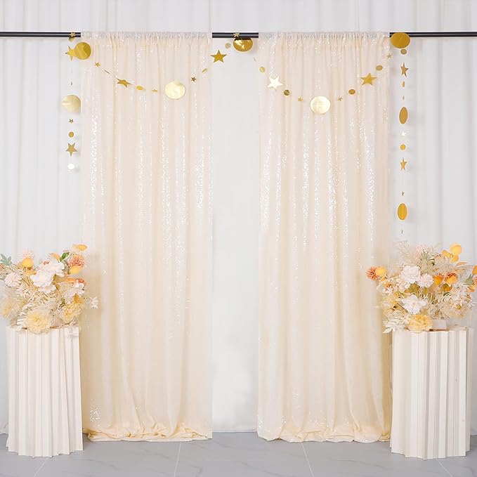 ShinyBeauty Ivory Sequin Backdrop 2 Pieces Photograph Backdrops 7FTx7FT Beige - Image 2