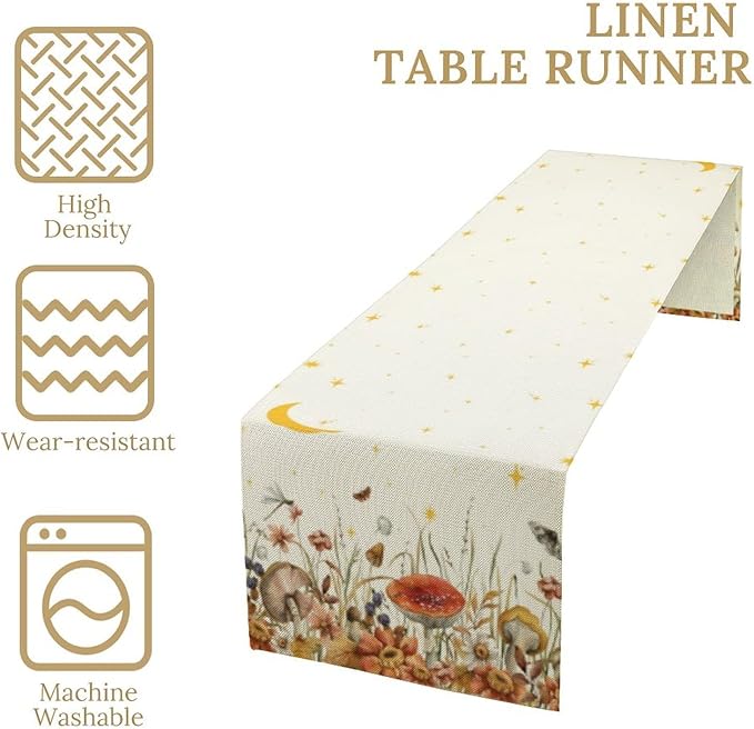 Mushroom Kitchen Table Runner, Gothic Moon Star Plants Witchy Moonlit Flower - Image 4