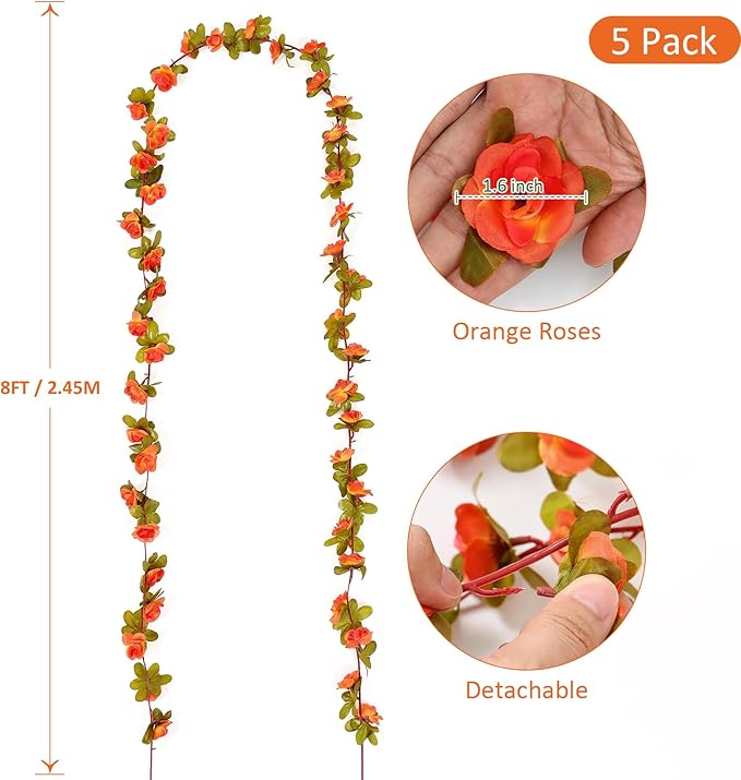KHOYIME 5 Pack 40 FT Artificial Fall Flower Garland, Fake Orange Roses Vines - Image 3