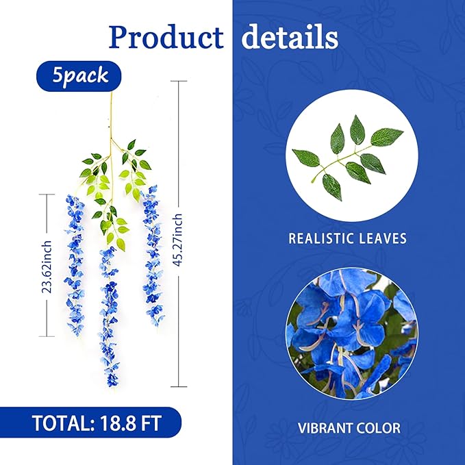 5 Pack Royal Blue Wisteria Hanging Flowers Garland, 3.77 Feet Artificial Flower - Image 2