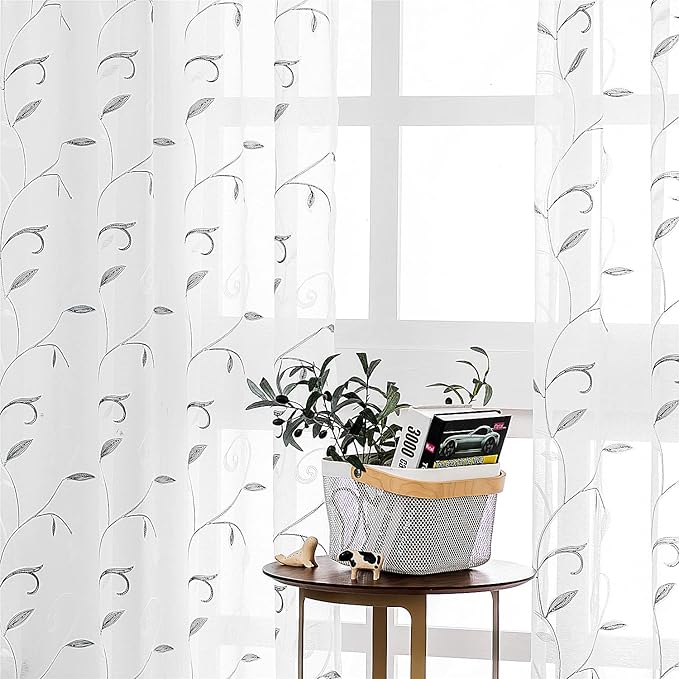 VISIONTEX White Sheer Voile Curtains Loop Embroidered, Decorative Grey Leaves by VISIONTEX