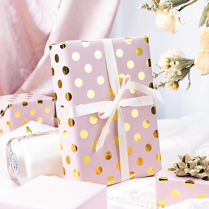 Burymento Pink and Gold Dots Wrapping Paper, Reversible Pink Gift Wrap - Image 5