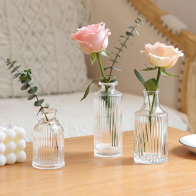 ComSaf Glass Bud Vases Set of 3, Small Flower Vases in Bulk, Mini Ribbed Vases - Image 6