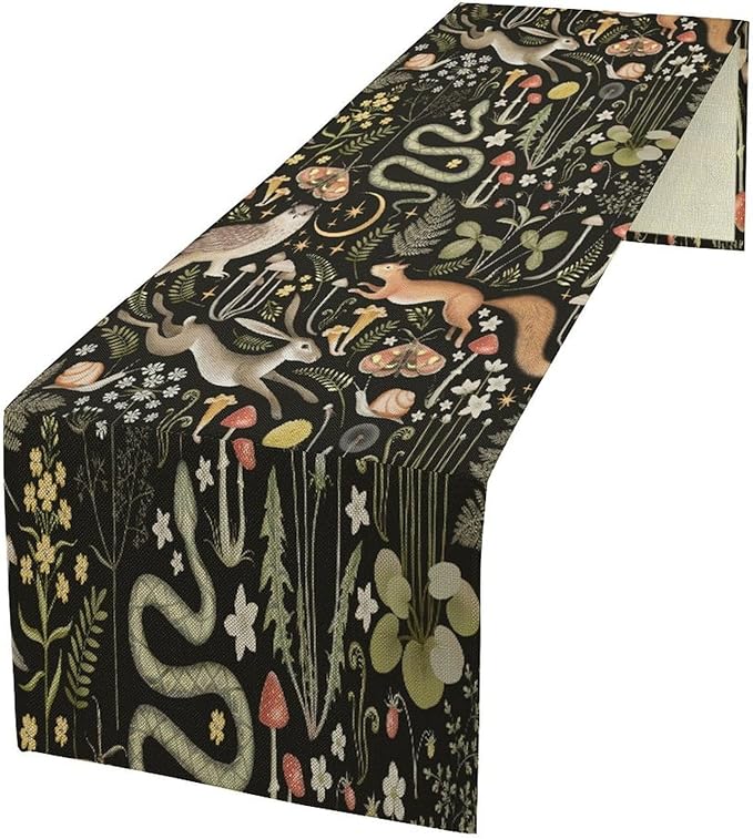 Mushroom Table Runner, Vintage Boho Forest Wild Animal Wildflower Botanical by Kurtect