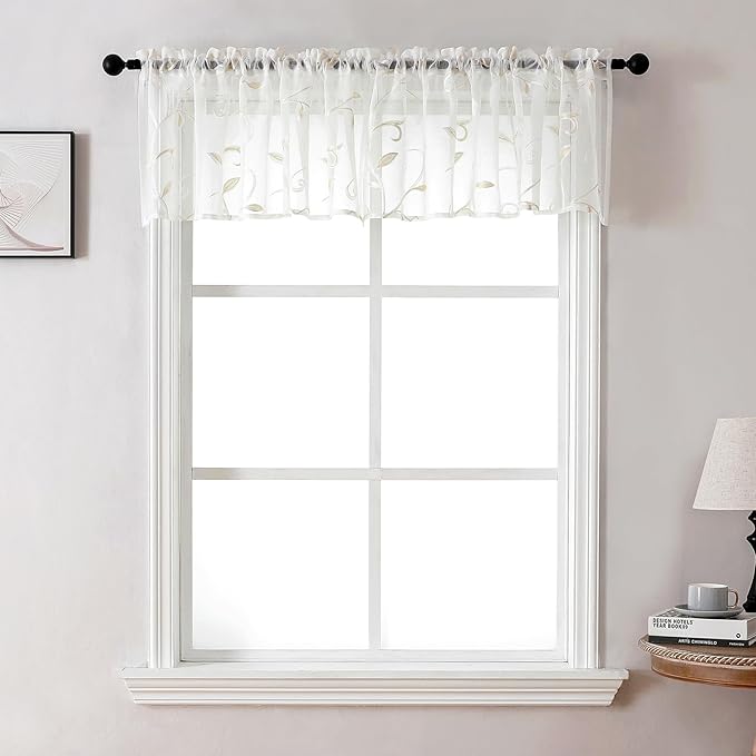 VISIONTEX Sheer Voile Curtain Valances, Decorative Leaves Embroidered, Rod by VISIONTEX
