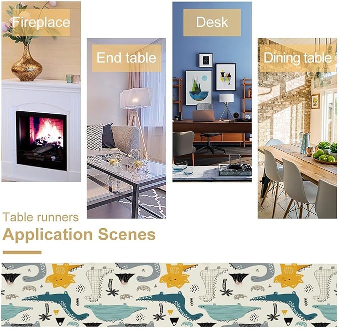 Cartoon Dinosaur Table Runner, Kids Boys Cute Various Dino Moutain Modern - Image 5