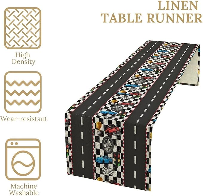 Race Car Table Runner, Checkered Flag Black and White Race Cars Pattern Print - Image 2