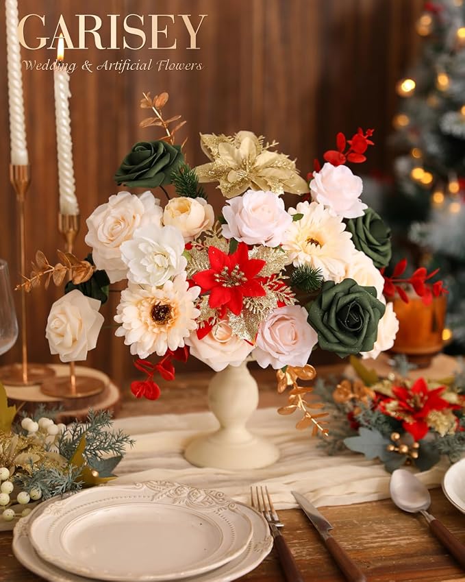 Christmas Artificial Flowers Poinsettia Flower Mix Silk Flowers Fake Roses - Image 3