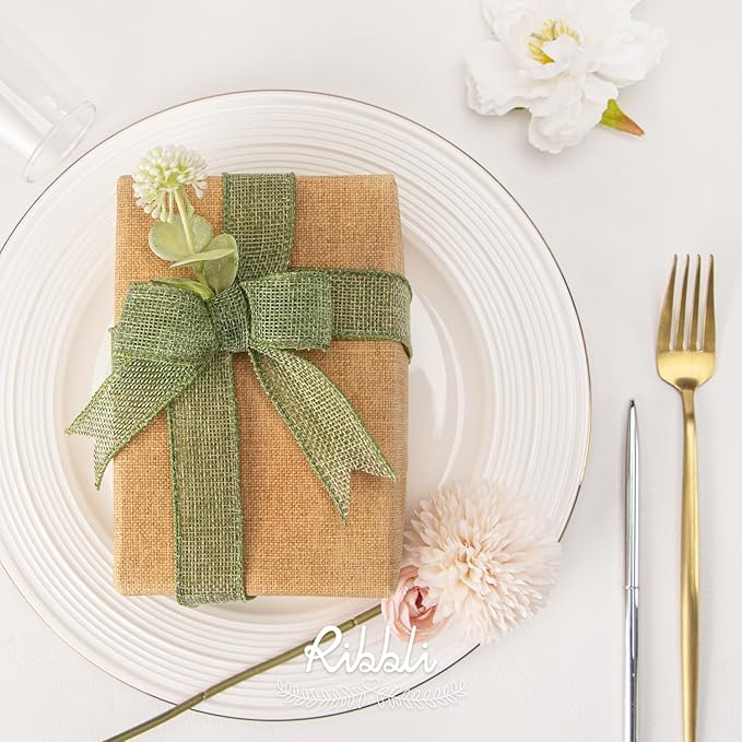 Ribbli Sage Green Burlap Wired Ribbon, 1” Inch x Continuous 20 Yard, Spring - Image 3