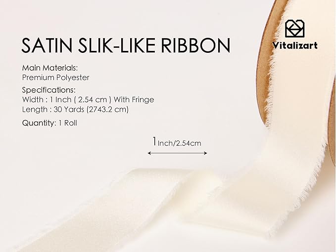 Vitalizart Silk Like Satin Ribbon 1 inch x 30 Yard Ivory White Handmade Frayed - Image 2