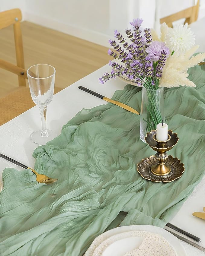Sage Green Cheesecloth Table Runner 120 Inch, Boho Rustic Gauze 10 FT, Summer - Image 3