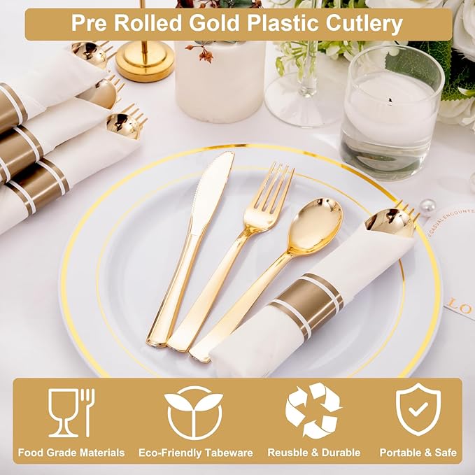 50Guests Pre Rolled Gold Plastic Silverware Sets - Image 3