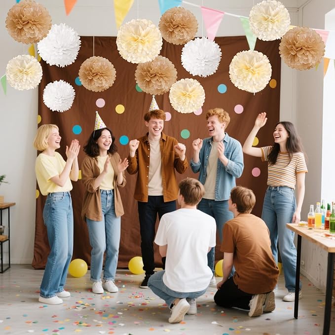 SUNBEAUTY 15 PCS Boho Champagne Pom Poms Tissue Paper Flowers, Wall Hanging - Image 7