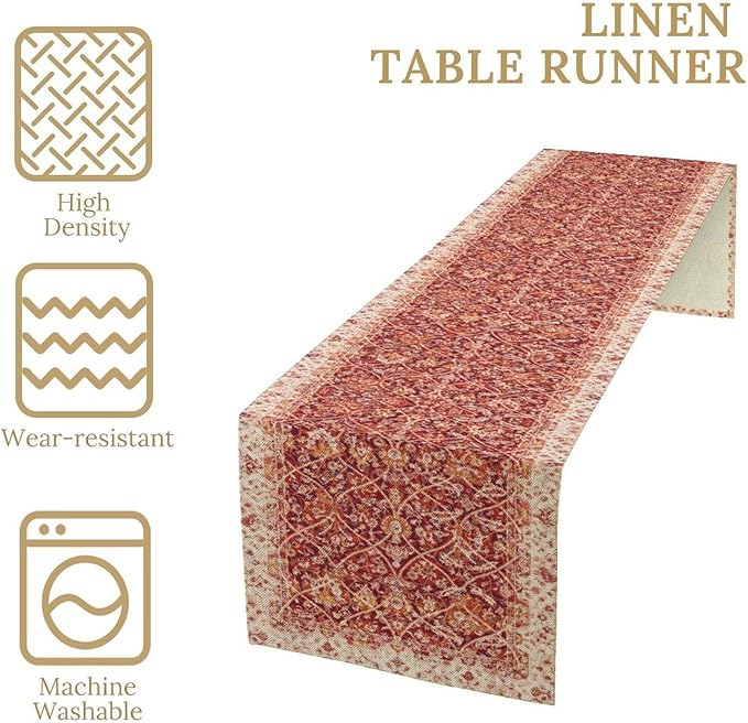 Boho Floral Vintage Table Runner, Retro Red Flower Rustic Country Farmhouse - Image 5