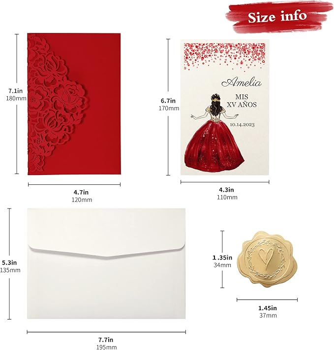 DORIS HOME 50pcs Laser Cut Quinceanera Invitations Red, 4.7x7.1 Personalized - Image 3