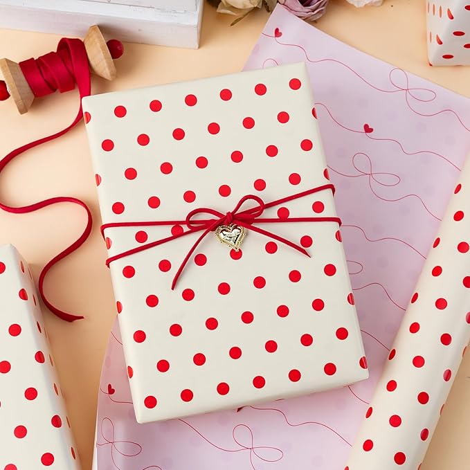 Flyhill Polka Dot Wrapping Paper, Reversible Pink Beige Elegant Heart & Bow - Image 2