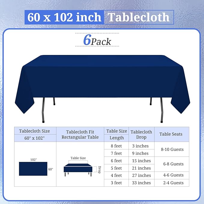 6 Pack Navy Blue Tablecloths for 6ft Rectangle Tables 60 x 102 Inch - Image 2