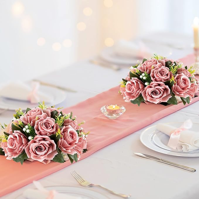 BLOSMON Dusty Pink Flowers Centerpieces: 2 Pcs Artificial Roses Flowers Balls - Image 2