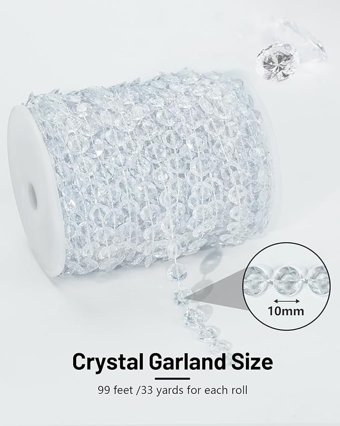 99FT Crystal Garland Strands, Acrylic Clear Crystal Beads String Roll, - Image 2