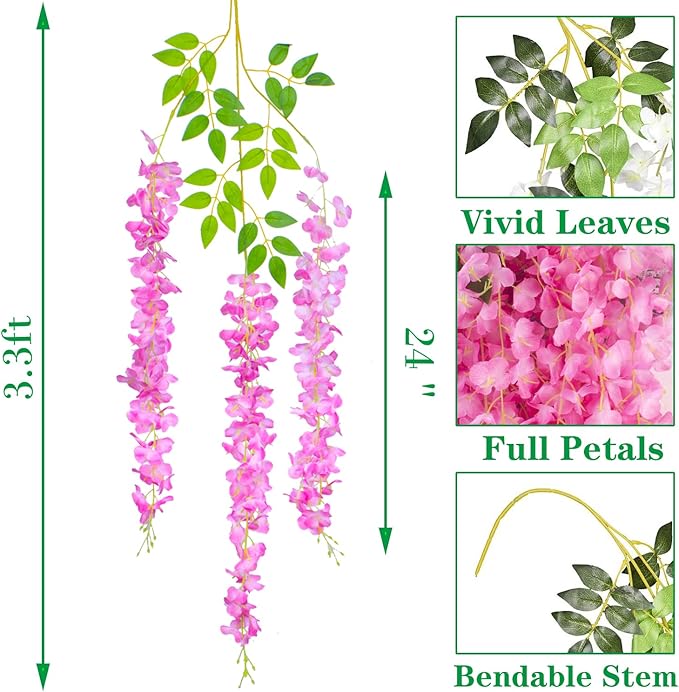 24 Pack Artificial Fake Wisteria Vine Ratta Hanging Garland Silk Flowers String - Image 2