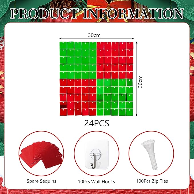 24PCS Red Green Shimmer Wall Backdrop, Xmas Square Sequin Photo Backdrops Panel - Image 2