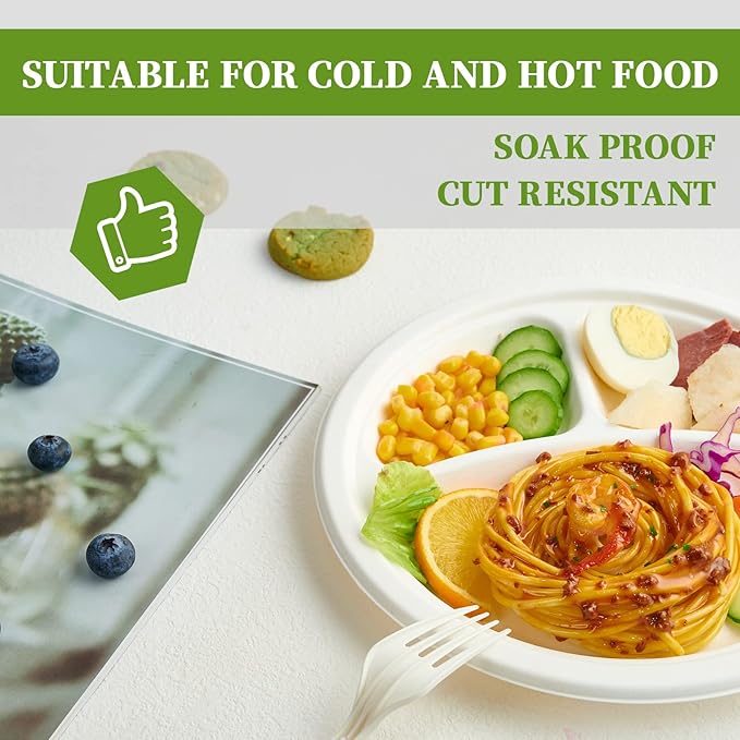 ECOLipak 150 Pack Compostable 3 Compartment Plates, 10 inch Heavy-Duty - Image 3