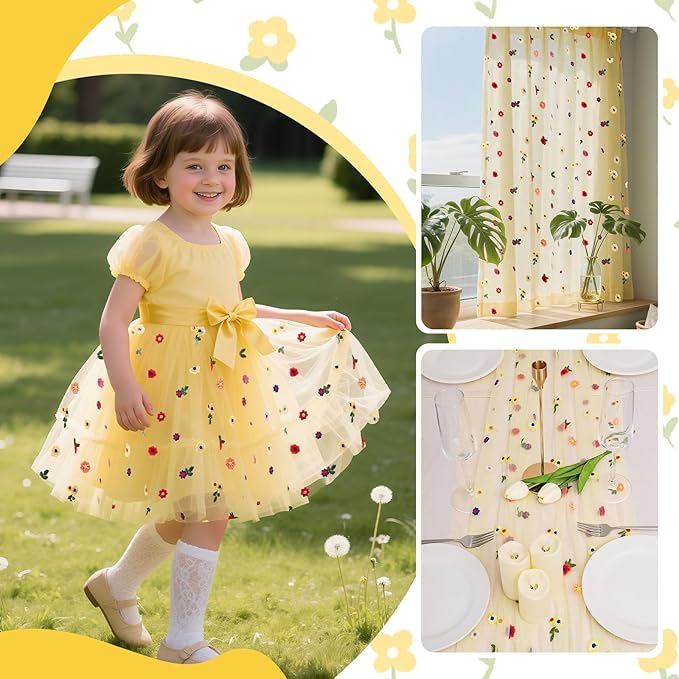 BINBE 1pcs Daisy Fall Table Runner Embroidery Gauze 10FT Florals Seasonal Tulle - Image 7